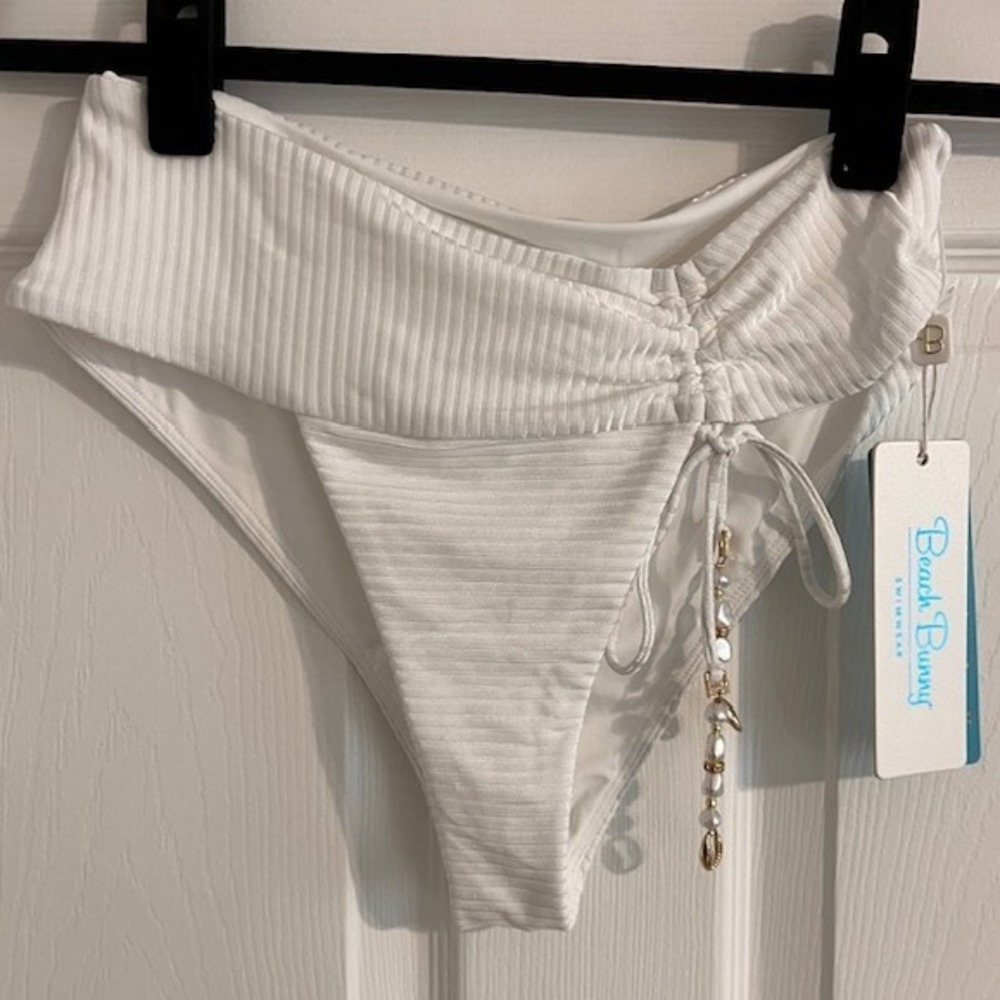 Beach Bunny Natalie High Waist Bottom White Ribbed‎ Swimsuit XS